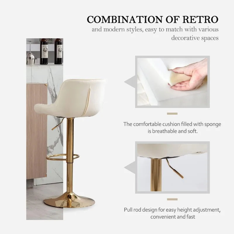Kiztir Gold Velvet Bar Stools Set of 4, Adjustable Counter Height Bar Stools with Back & Footrest, Gold Swivel Bar Stools