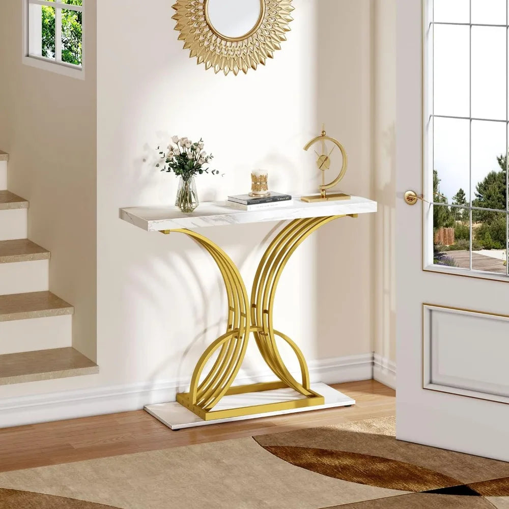 40 Inch Narrow Entryway Table Chest of Drawers Gold Console Table Organizers for Room Furniture Faux Marble White Hallway Mobile