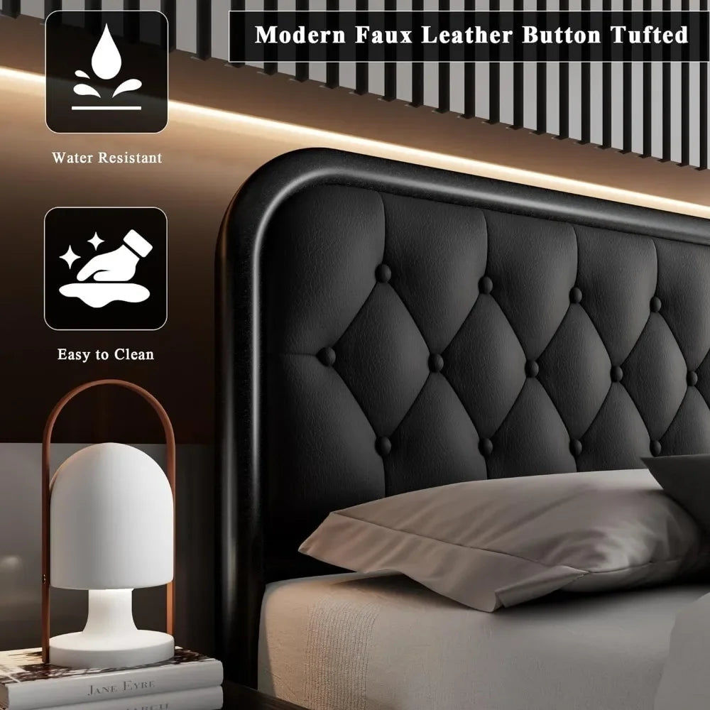 King Size Bed Frame Heavy Duty Bed Frame With Faux Leather Headboard Bedroom Furniture 12" Under-Bed Storage Black