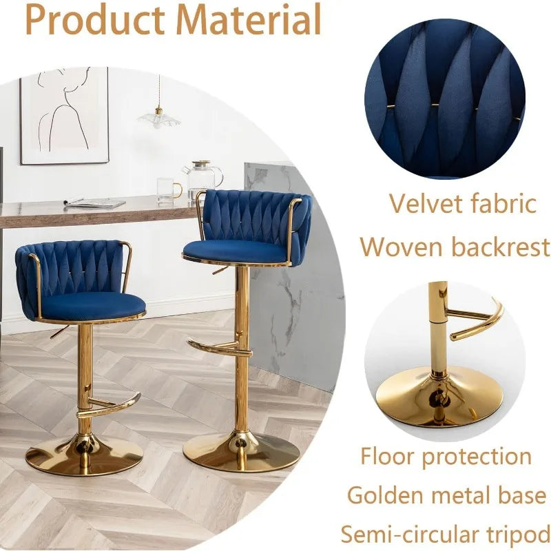 Gold Velvet Bar Stools Set of 4, Counter Height Bar Stools with Low Back, Swivel Bar Stools for Kitchen Island