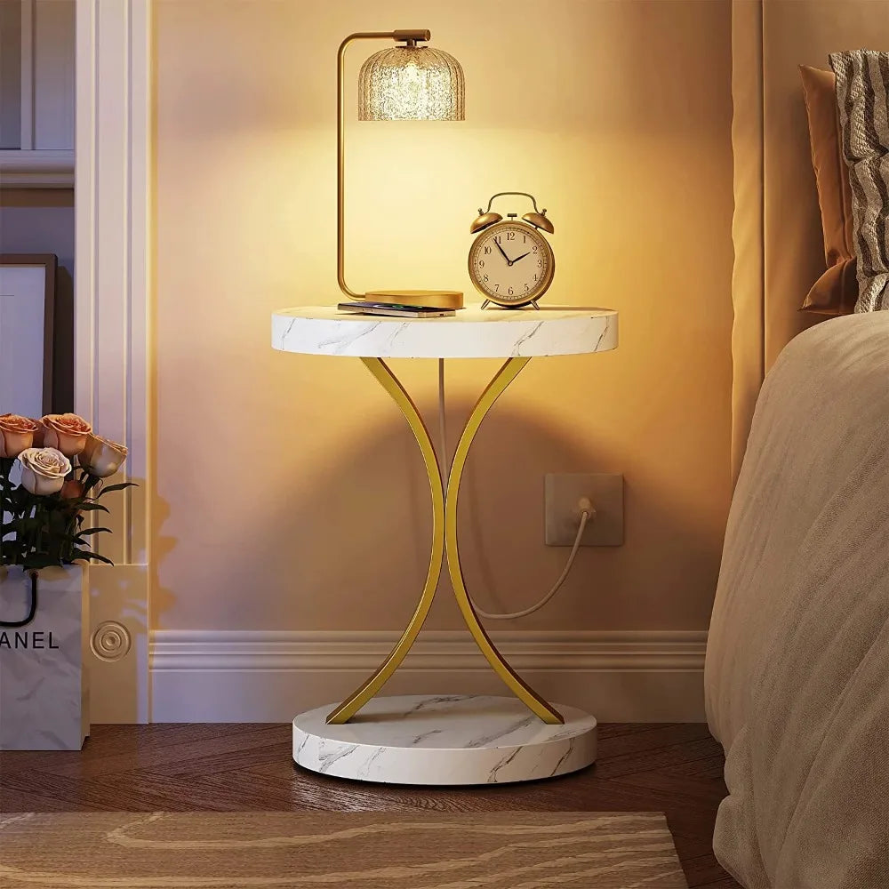 Modern Gold Round Side Table with Faux Marble Top Gold Metal Frame, Small End Table Accent Table Nightstand Living Room Bedroom