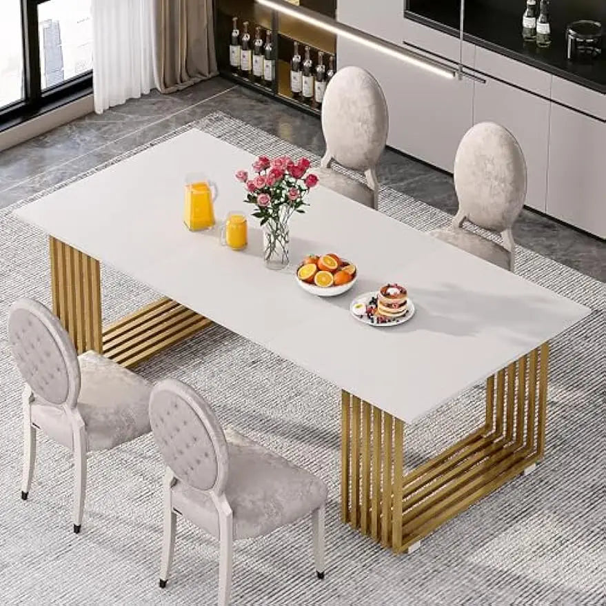 70.8 Inches Modern Dining Table for 6-8, Wood Rectangular  White Gold Long Kitchen Table with Gold Metal Legs for Dining Room