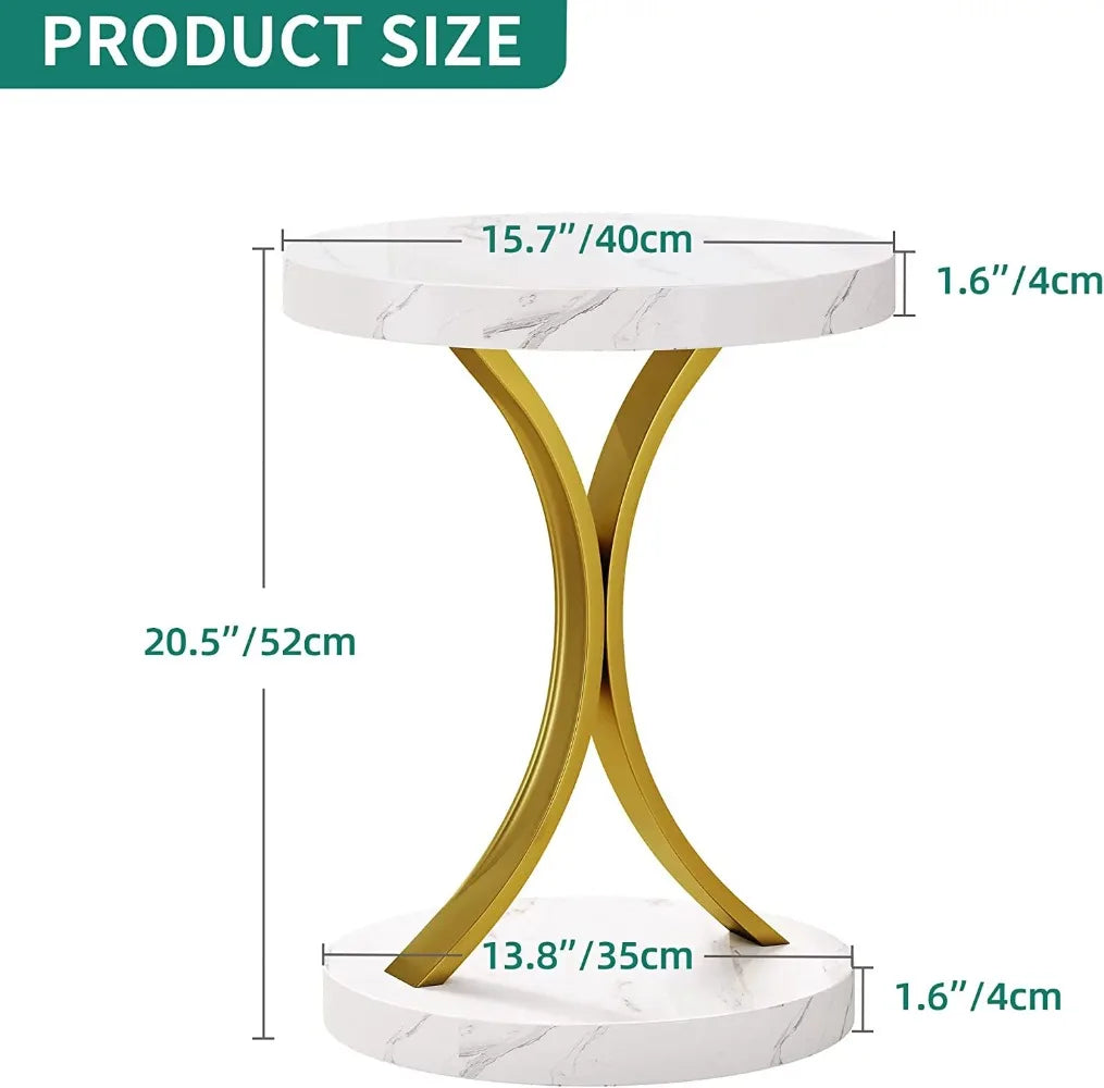 Modern Gold Round Side Table with Faux Marble Top Gold Metal Frame, Small End Table Accent Table Nightstand Living Room Bedroom