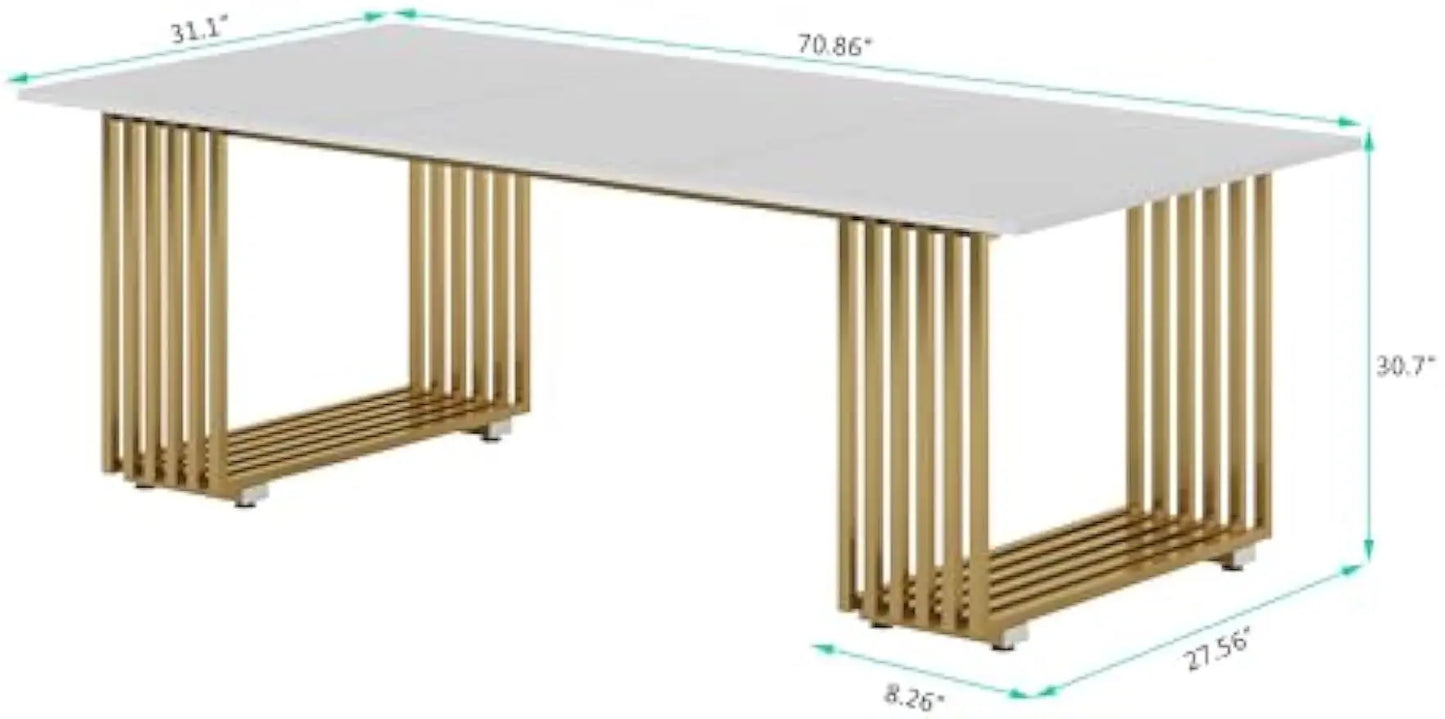 70.8 Inches Modern Dining Table for 6-8, Wood Rectangular  White Gold Long Kitchen Table with Gold Metal Legs for Dining Room