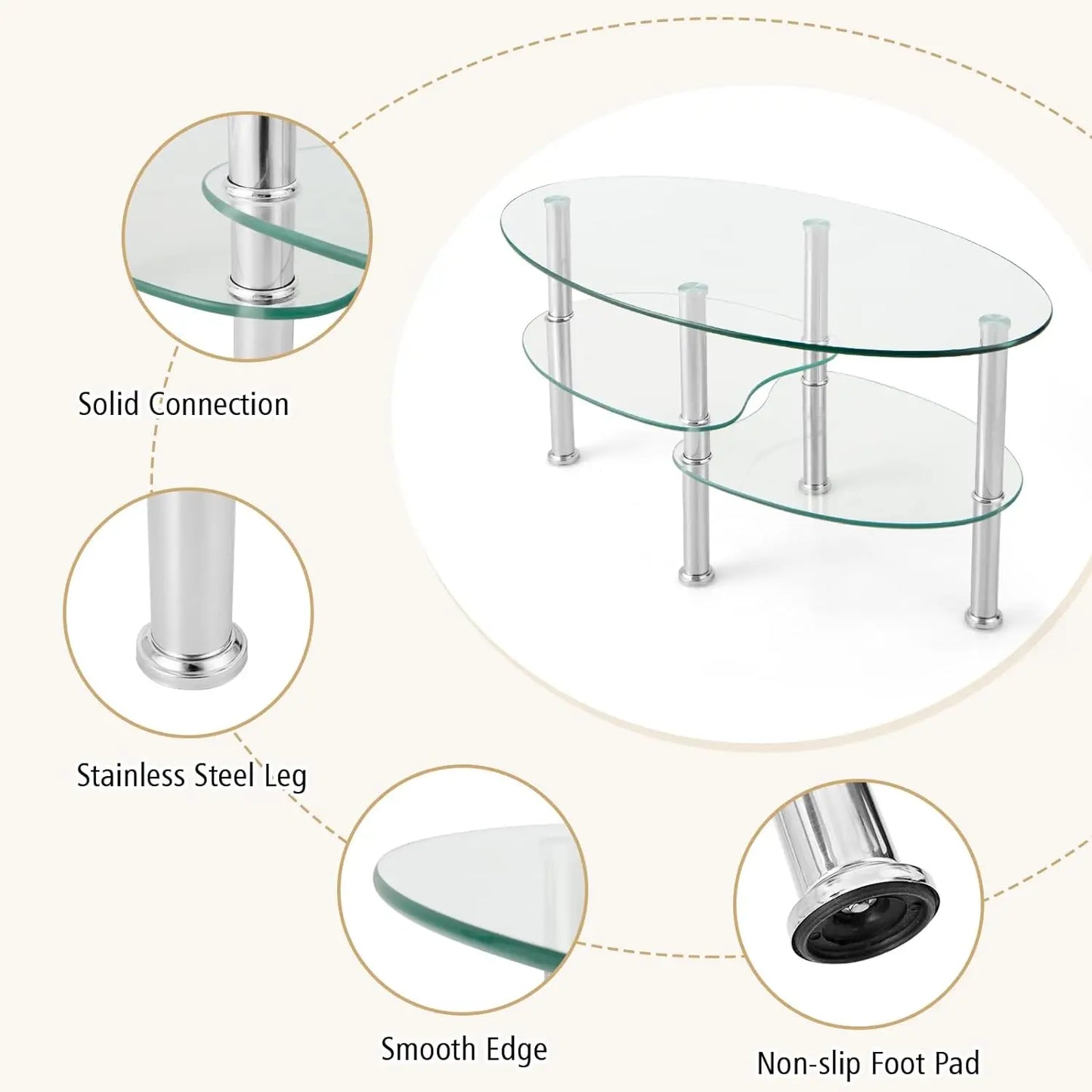 Glass Coffee Table, Furniture Decor 2-Tier Oval Glass Tea Table End Table for Home Office with 2 Tier Tempered Glass Boards