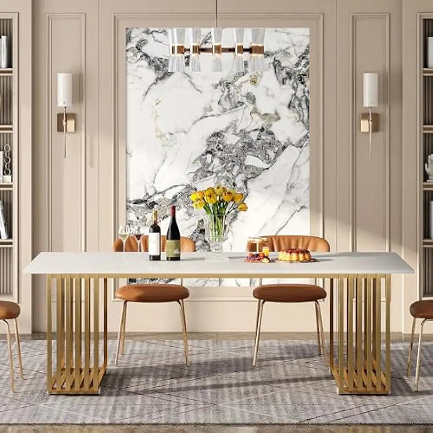 70.8 Inches Modern Dining Table for 6-8, Wood Rectangular  White Gold Long Kitchen Table with Gold Metal Legs for Dining Room