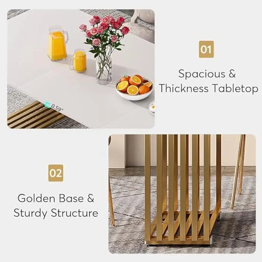 70.8 Inches Modern Dining Table for 6-8, Wood Rectangular  White Gold Long Kitchen Table with Gold Metal Legs for Dining Room