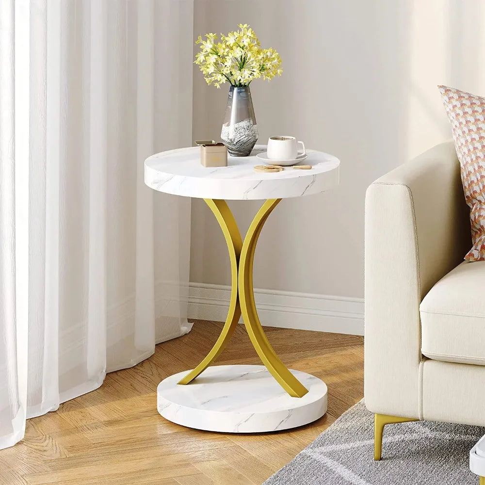 Modern Gold Round Side Table with Faux Marble Top Gold Metal Frame, Small End Table Accent Table Nightstand Living Room Bedroom