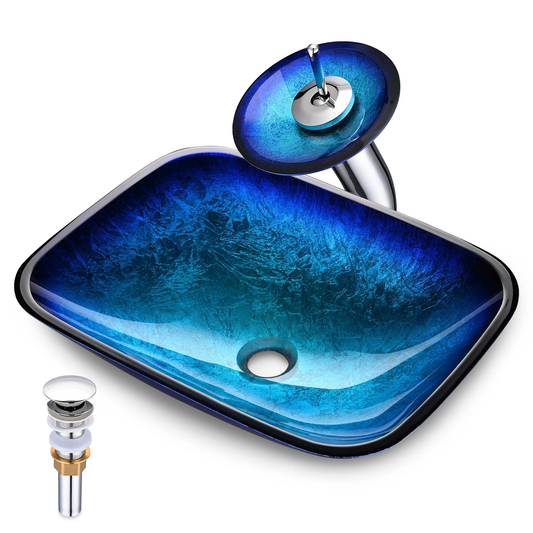 Tempered Glass Sink Transitional Style Basin Vessel Waterfall Faucet