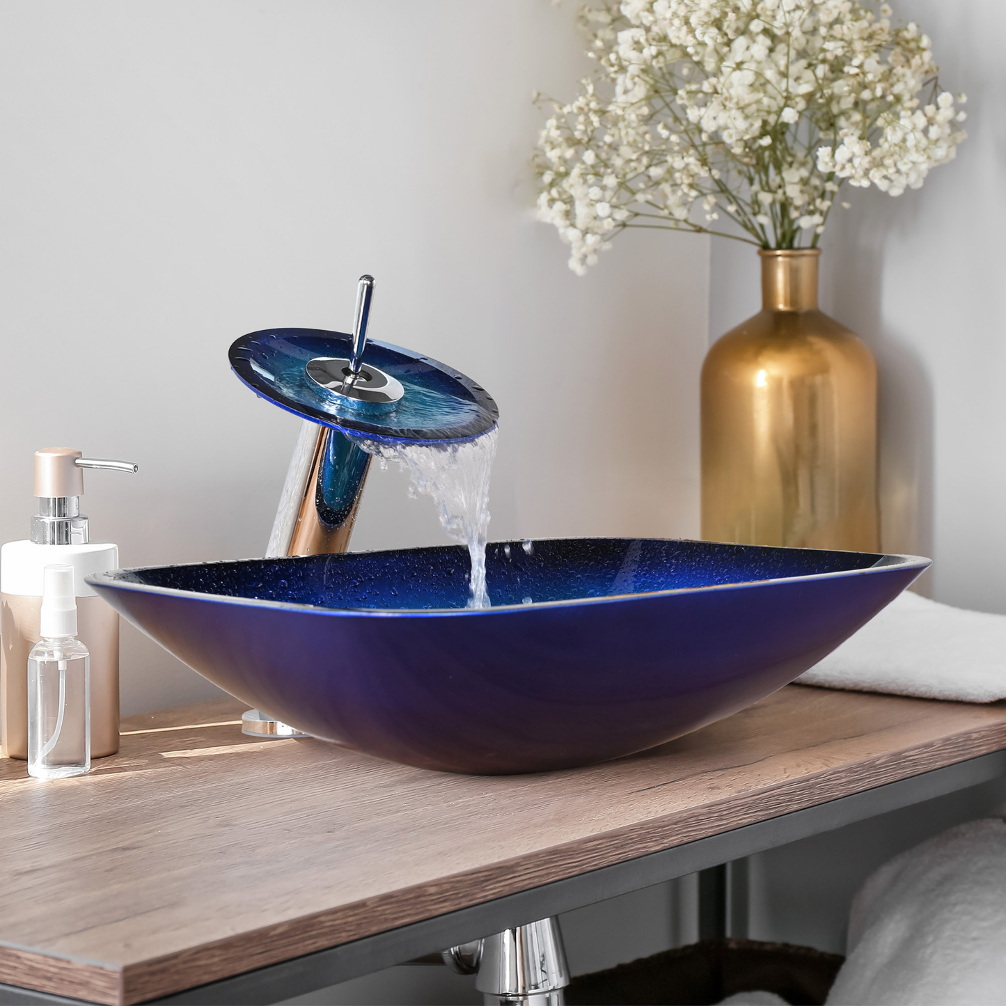 Tempered Glass Sink Transitional Style Basin Vessel Waterfall Faucet