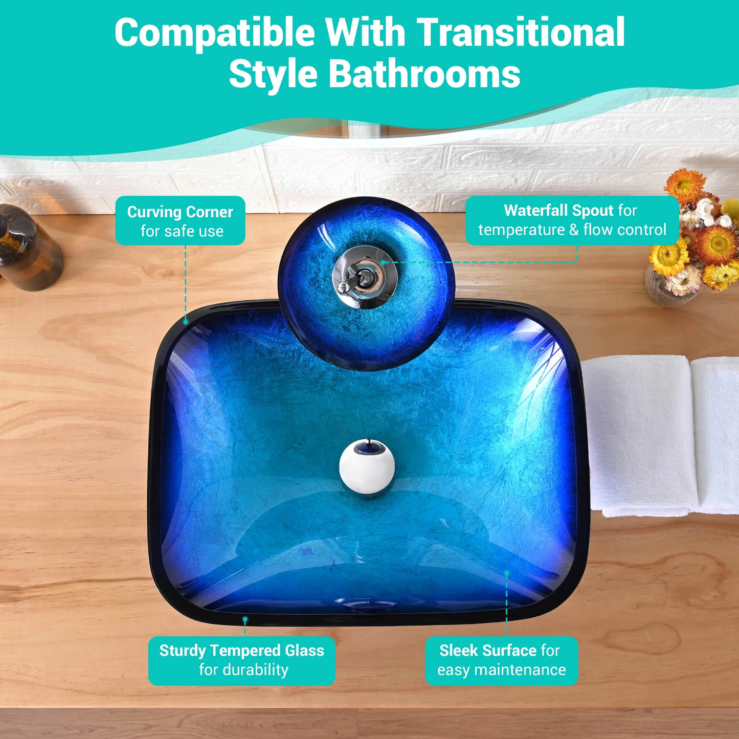Tempered Glass Sink Transitional Style Basin Vessel Waterfall Faucet