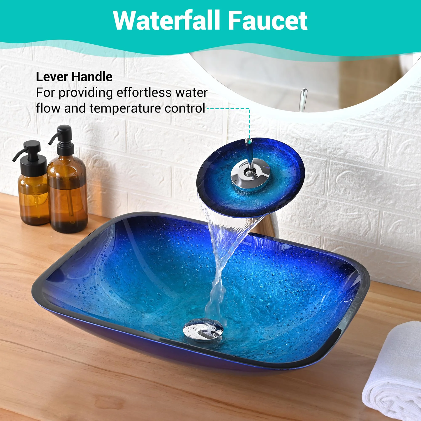 Tempered Glass Sink Transitional Style Basin Vessel Waterfall Faucet