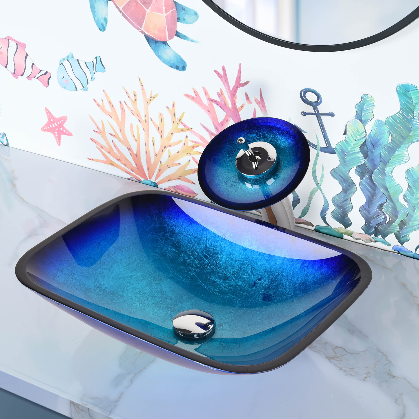 Tempered Glass Sink Transitional Style Basin Vessel Waterfall Faucet