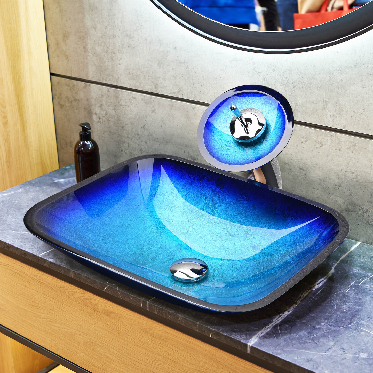 Tempered Glass Sink Transitional Style Basin Vessel Waterfall Faucet