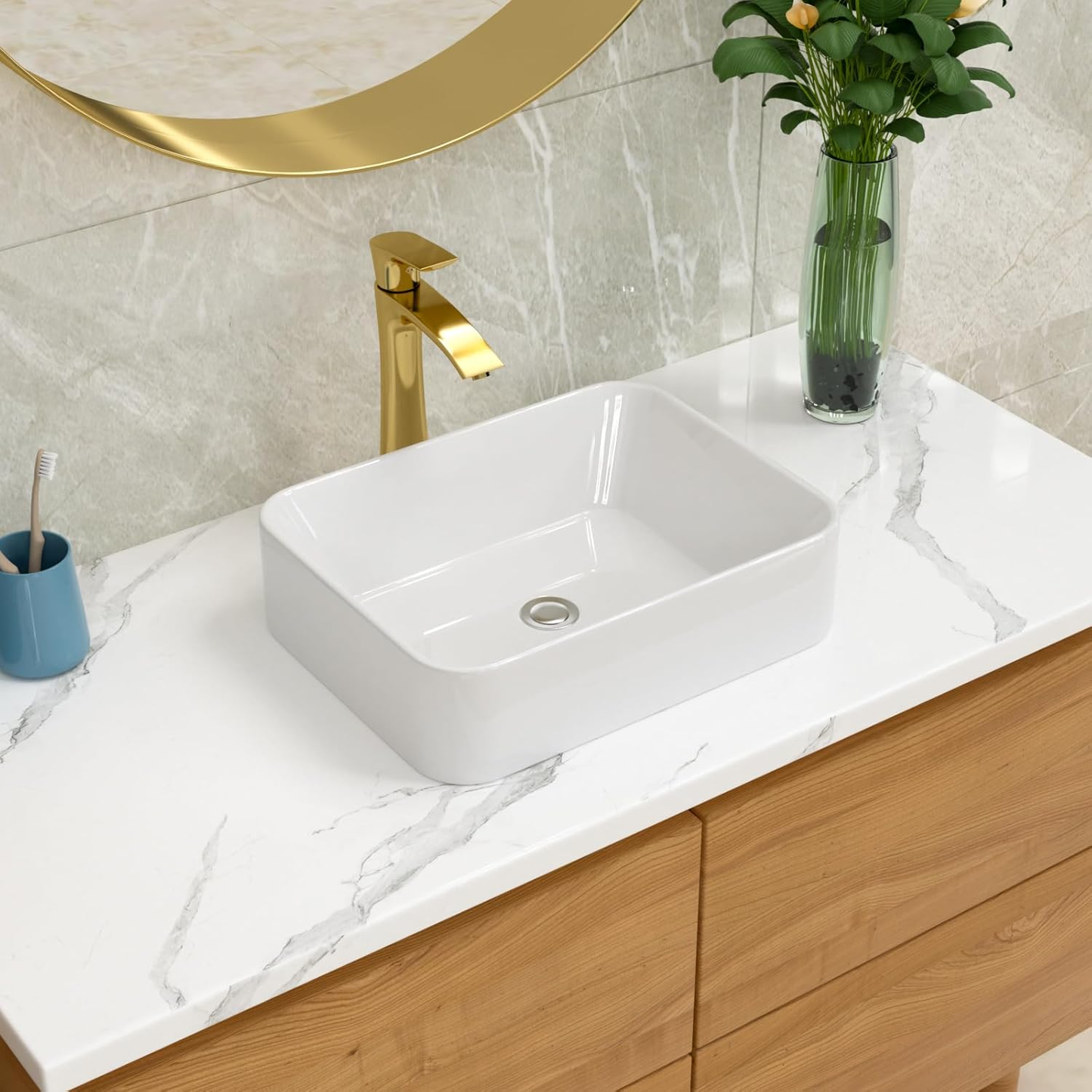 Vessel Sink Rectangle 19 Inch Bathroom Sink,Rectangular Modern above Counter Bathroom Sinks White 19X15 Inch Porcelain Ceramic Vessel Vanity Sink Art Basin