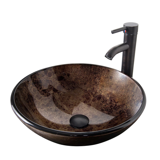 Vessel Sink and Faucet Combo Bath Sinks with Mounting Ring and Pop up Drain round Bowl Basin Brown