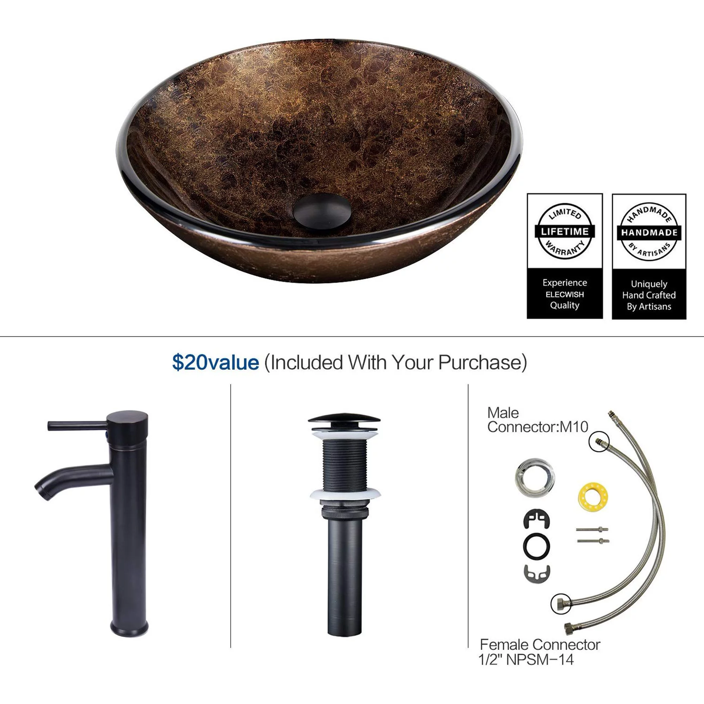 Vessel Sink and Faucet Combo Bath Sinks with Mounting Ring and Pop up Drain round Bowl Basin Brown