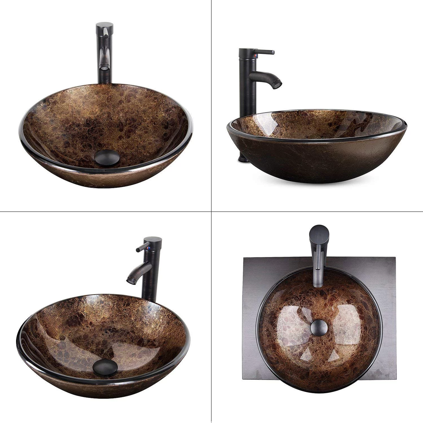 Vessel Sink and Faucet Combo Bath Sinks with Mounting Ring and Pop up Drain round Bowl Basin Brown