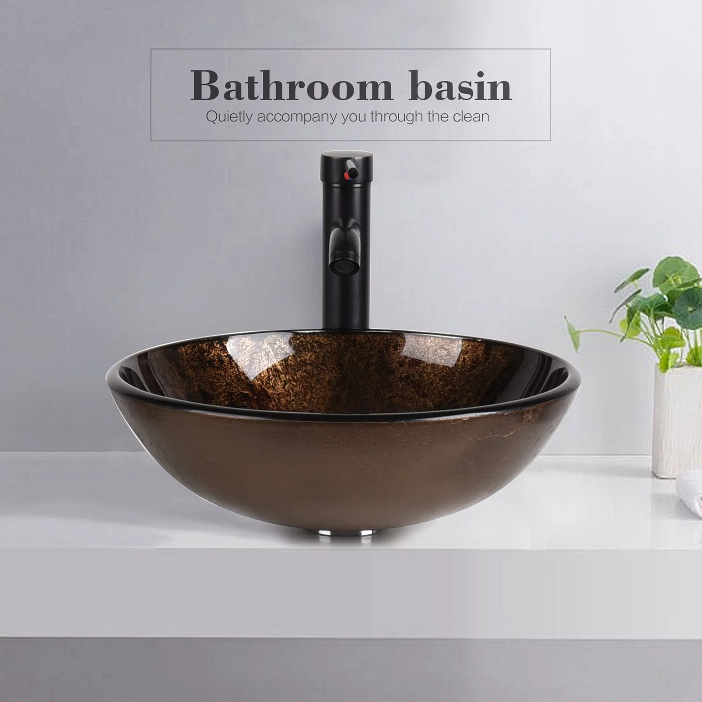 Vessel Sink and Faucet Combo Bath Sinks with Mounting Ring and Pop up Drain round Bowl Basin Brown