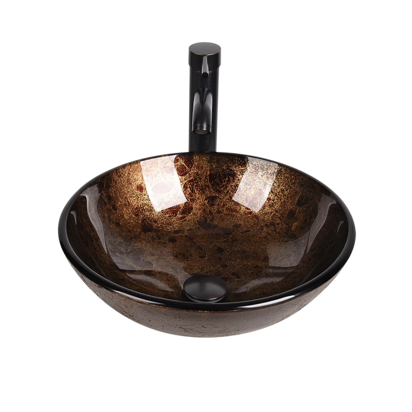 Vessel Sink and Faucet Combo Bath Sinks with Mounting Ring and Pop up Drain round Bowl Basin Brown