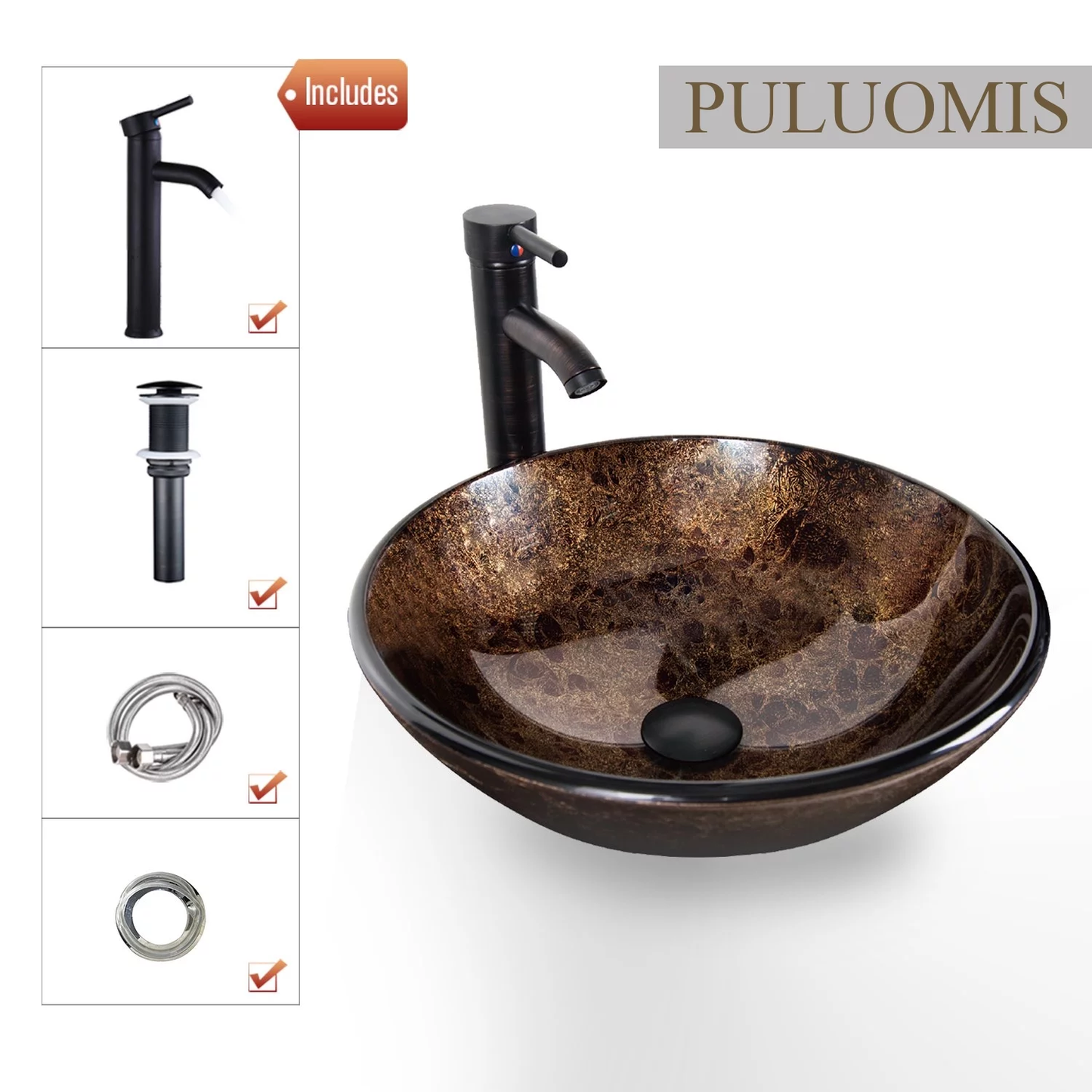 Vessel Sink and Faucet Combo Bath Sinks with Mounting Ring and Pop up Drain round Bowl Basin Brown