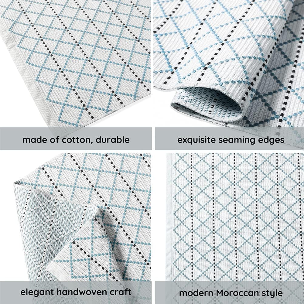 Cotton Woven Area Rug Farmhouse Kitchen Rug 4X6 Feet, Washable Boho Small Rug for Bathroom Outdoor Patio Entryway, Tribal Throw Rug Flatwoven Floor Carpet Door Mat 4'X6', Moroccan Pattern Blue Cream