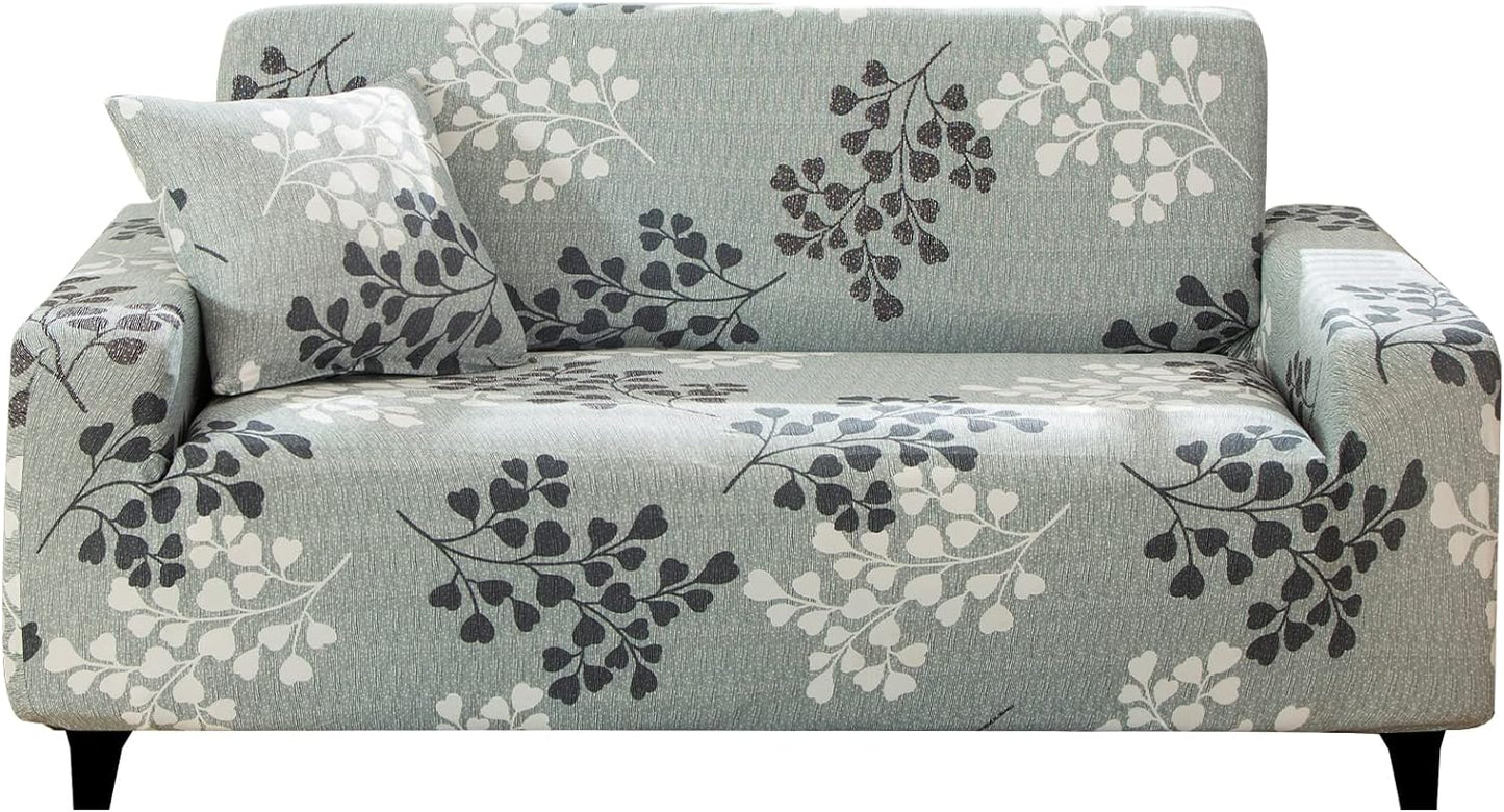 Stretch Sofa Cover Printed Couch Covers Loveseat Slipcovers for 2 Cushion Couches Sofas Elastic Universal Furniture Protector with 1 Pillowcase (Medium, Cyan Grey Leaves)