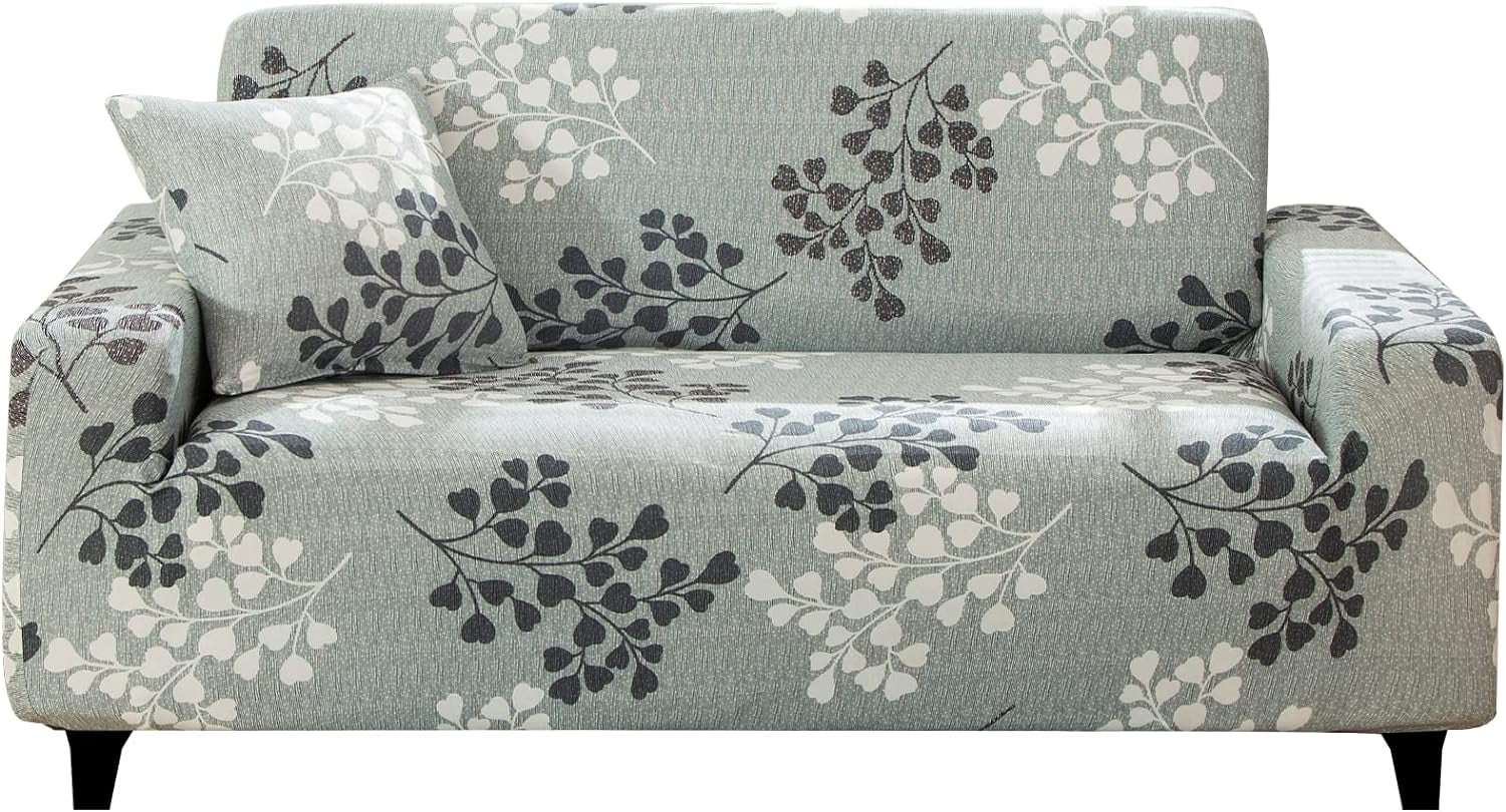 Stretch Sofa Cover Printed Couch Covers Loveseat Slipcovers for 2 Cushion Couches Sofas Elastic Universal Furniture Protector with 1 Pillowcase (Medium, Cyan Grey Leaves)