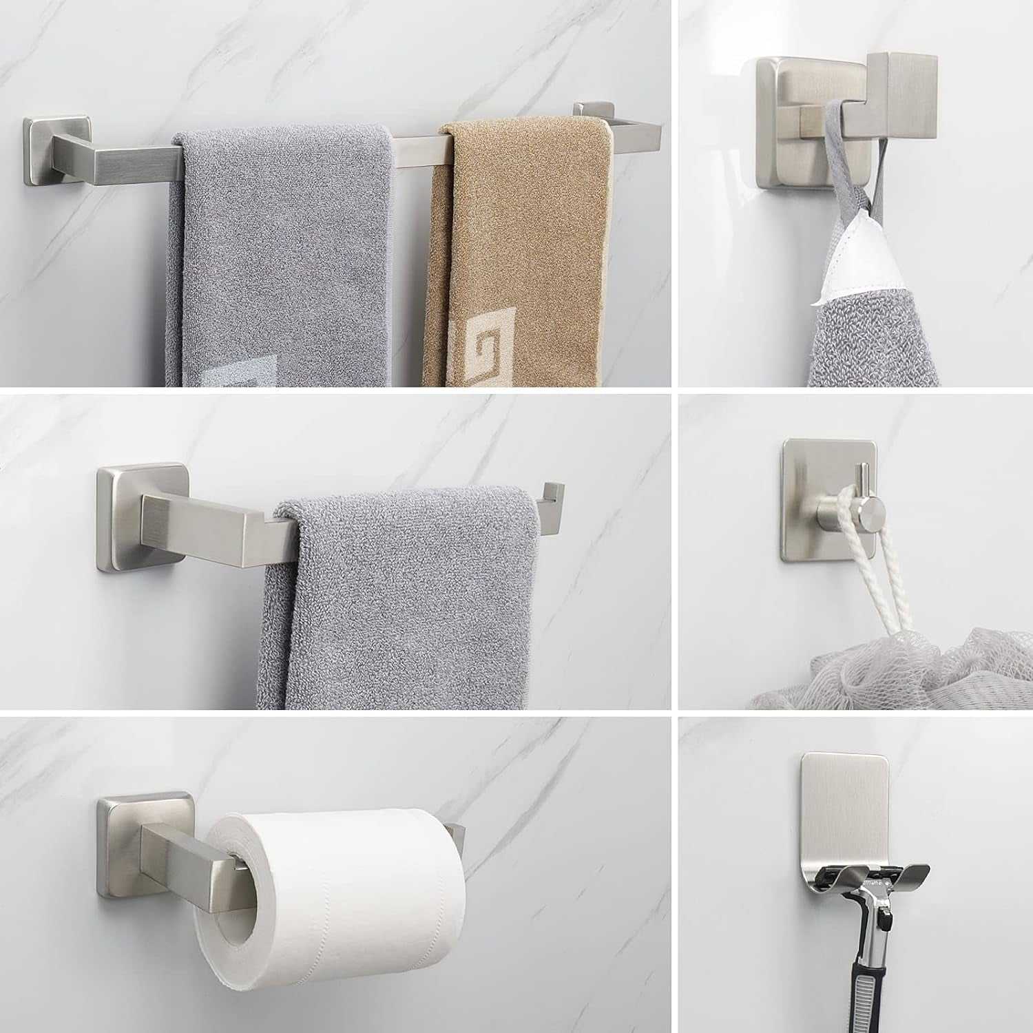 7 Pieces Bathroom Hardware Set 304 Stainless Steel-Square Towel Rack Set Include 24" Towel Rod+ 10" Hand Towel Bar+ Toilet Paper Holder+ 4Robe Towel Hooks Bathroom Accessories(Brushed Nickel)