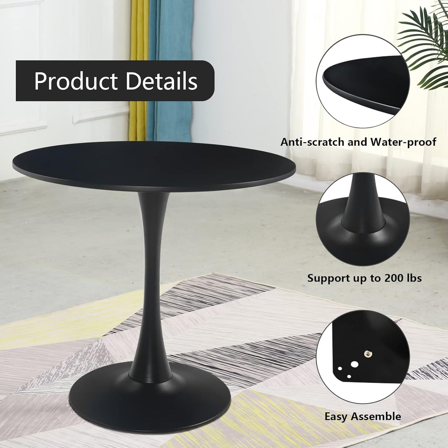 Black round Dining Table,Modern Tulip Dining Room Table with MDF Top,Metal Pedestal End Table Leisure Coffee Table Kitchen Table Small Office Table for 2 or 4 Person,31.5" W,29.5" H