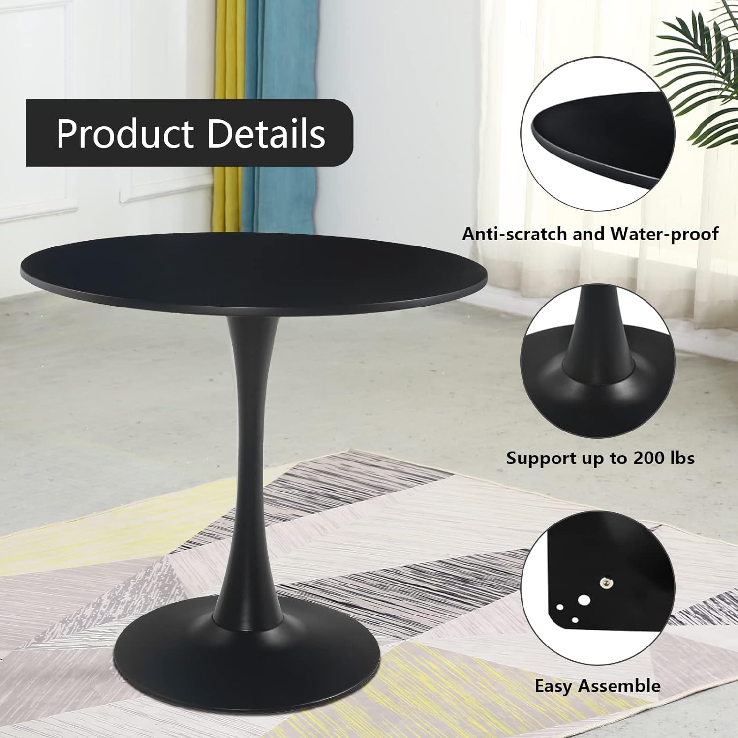 Black round Dining Table,Modern Tulip Dining Room Table with MDF Top,Metal Pedestal End Table Leisure Coffee Table Kitchen Table Small Office Table for 2 or 4 Person,31.5" W,29.5" H