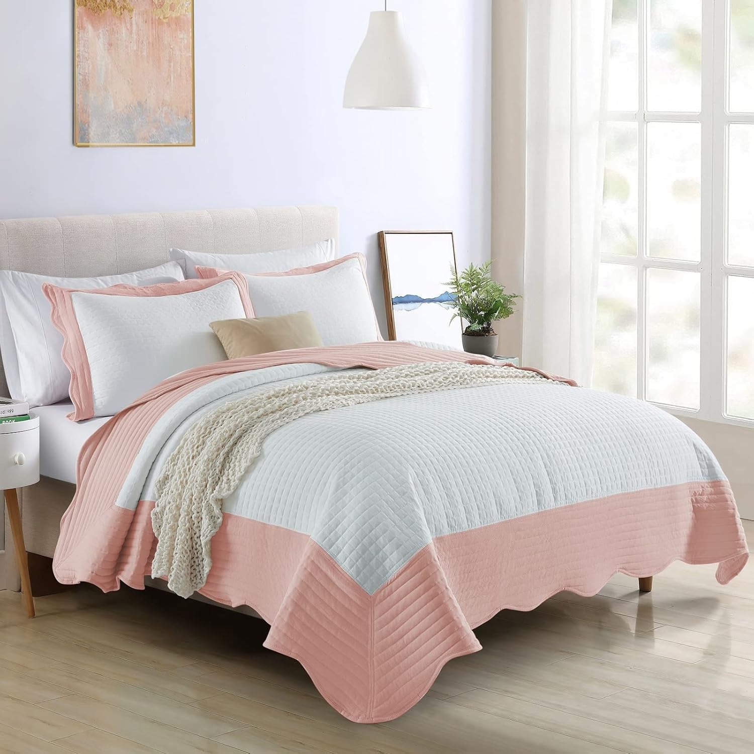 3-Piece King Quilt Set - Soft Warm Reversible Coverlet Bedspread Set (102 X 90 Inch) with 2 Pillow Sham (20 X 26 Inch), White and Pink