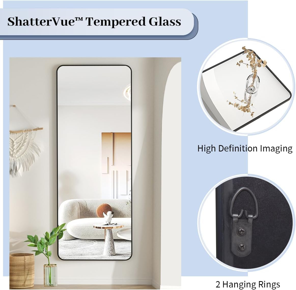 Black Full Length Mirror, 65"X22" Rounded Corner Floor Mirror Standing Hanging or Leaning against Wall Dressing Room Mirror Full Length