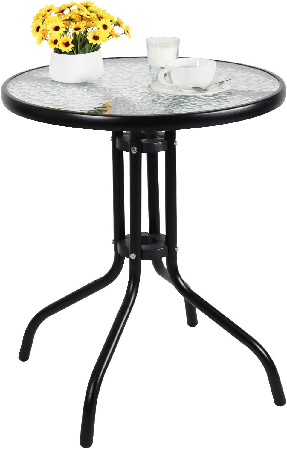 24" Patio Dining Table round Bistro Table Outdoor Furniture Garden Table with Frame Tempered Glass Top for Backyard Lawn Balcony Pool, Black