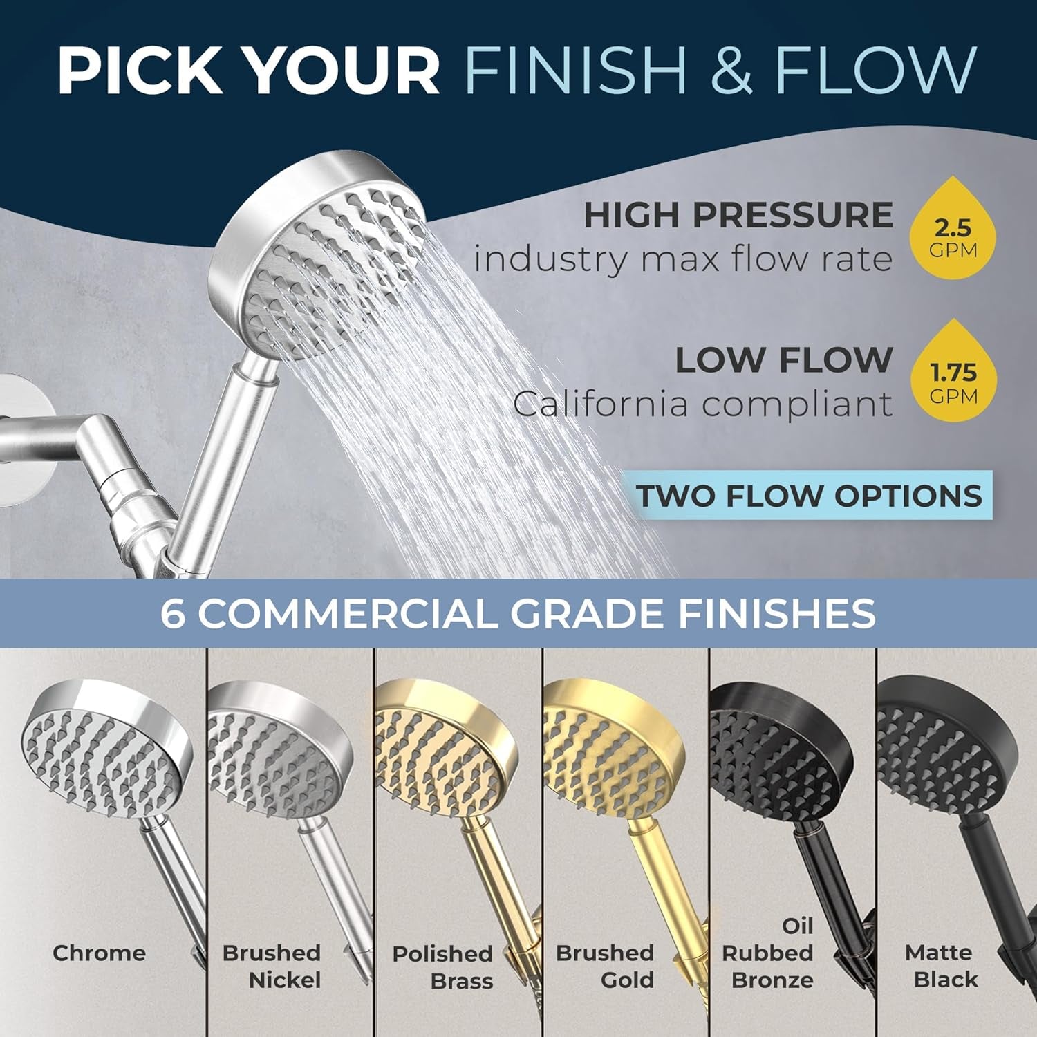 ® ALL METAL Handheld Shower Head with Hose and Brass Holder - CHROME - 2.5 GPM High Pressure Shower Heads with Adjustable Shower Wand Bracket - 6Ft Flexible Extension