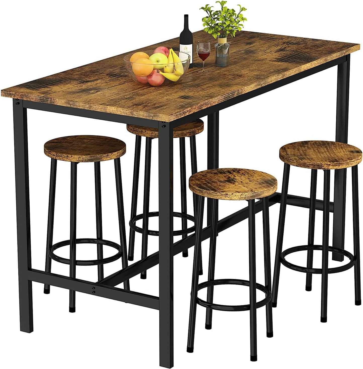 5 Pcs Dining Table Set, Kitchen Table and 4 Bar Stools Industrial Style Bar Table Set Height 35.7" for Kitchen,Living, Party Room, Rustic Brown