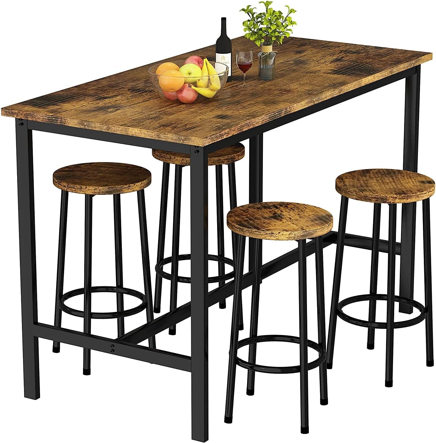5 Pcs Dining Table Set, Kitchen Table and 4 Bar Stools Industrial Style Bar Table Set Height 35.7" for Kitchen,Living, Party Room, Rustic Brown