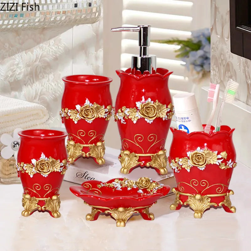 Emboss Bathroom Supplies Lotion Bottle Toothbrush Cup Resin Bathroom Five-Piece Suit Household Bathroom Accessories