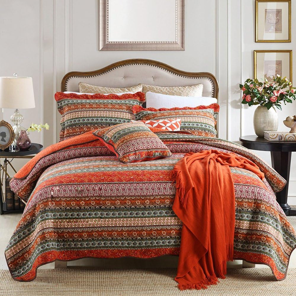 Striped Classical Cotton 3-Piece Patchwork Bedspread Quilt Sets, King Size