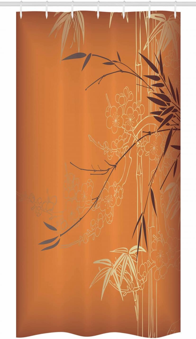 Asian Themed Stall Shower Curtain, Ethnic Branches and Flowers Illustration Eastern Nature Theme, Fabric Bathroom Decor Set with Hooks, 36" W X 72" L, Orange Yellow and Brown