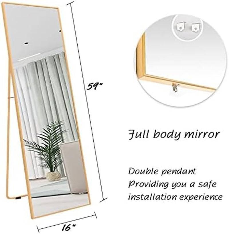 Full Length Mirror Floor Mirror Hanging Standing or Leaning Full Body Dressing Mirror with Gold Aluminum Alloy Frame, Bedroom, Living Room Mirror Wall-Mounted 59" X 16"
