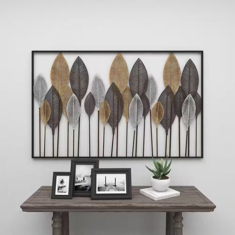 59 In. X 37 In. Metal Bronze Tall Cut-Out Leaf Wall Decor with Intricate Laser Cut Designs
