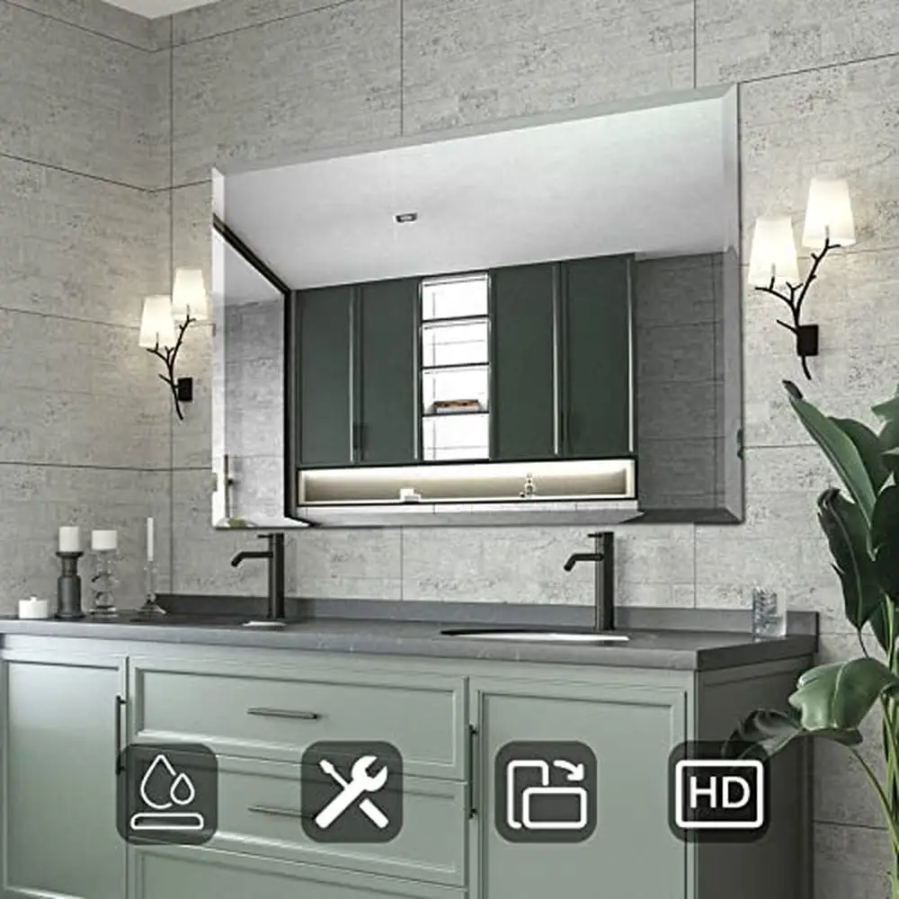 40X32 Beveled Edge Frameless Bathroom Vanity Mirror Hangs Horizontally or Vertically Modern Elegant Design Safe Installation