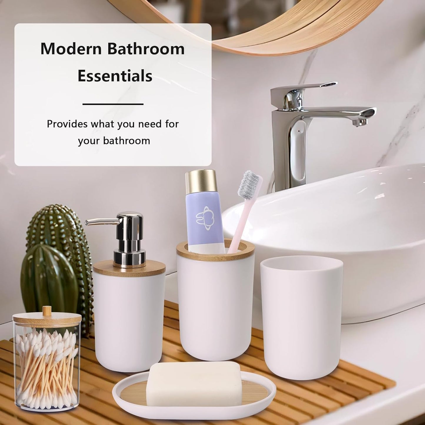 9 Pieces Bathroom Accessory Set, White Bathroom Accessories Set with Trash Can, Tray, Soap Dispenser, Toothbrush Holder, Toothbrush Cup, Soap Dish, Toilet Brush and Q-Tip Holders for Bathroom
