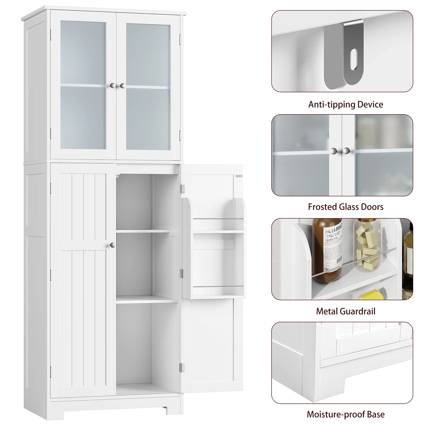 4 Doors Bathroom Cabinet with Frosted Glass Doors, Farmhouse Floor Wooden Linen Cabinet for Bathroom, White