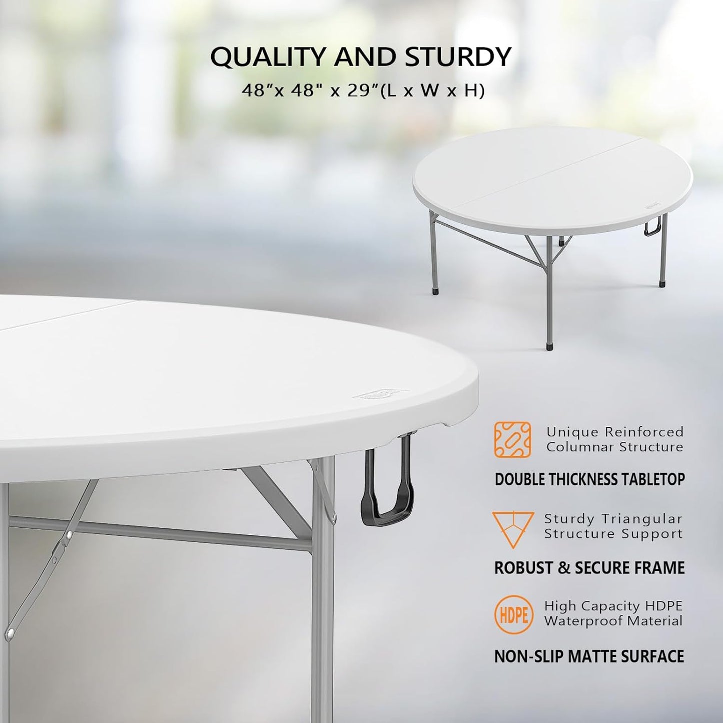 48" round Bi-Folding Commercial Table, 4 Feet Portable Plastic Dining Card Table for Kitchen or Outdoor Party Wedding Event, 1-Pack
