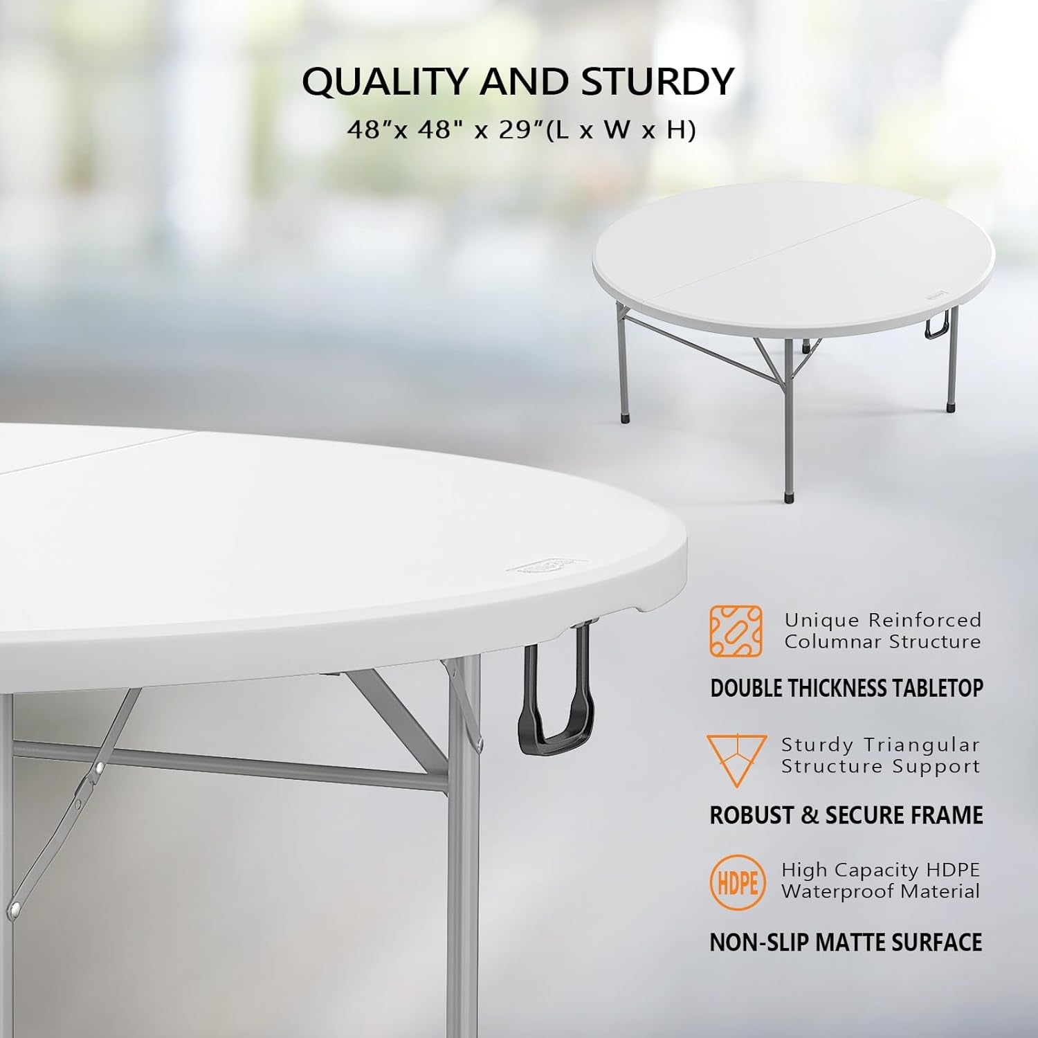 48" round Bi-Folding Commercial Table, 4 Feet Portable Plastic Dining Card Table for Kitchen or Outdoor Party Wedding Event, 1-Pack