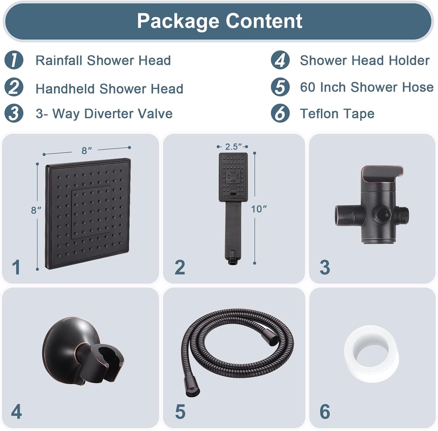 Rain Shower Head with Handheld Spray, 8 Inch Rainfall Shower Head Combo with 60" Hose, Adjustable Dual Square Showerhead Set with 3-Way Diverter, Wall Bracket, Oil-Rubbed Bronze
