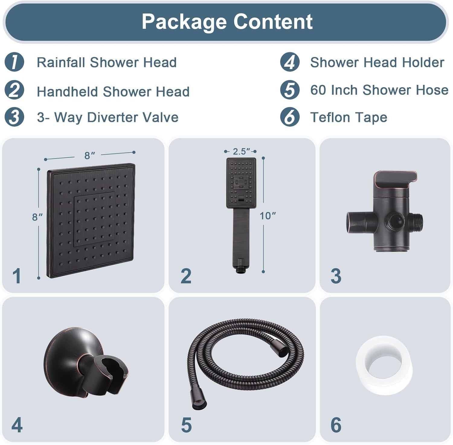 Rain Shower Head with Handheld Spray, 8 Inch Rainfall Shower Head Combo with 60" Hose, Adjustable Dual Square Showerhead Set with 3-Way Diverter, Wall Bracket, Oil-Rubbed Bronze