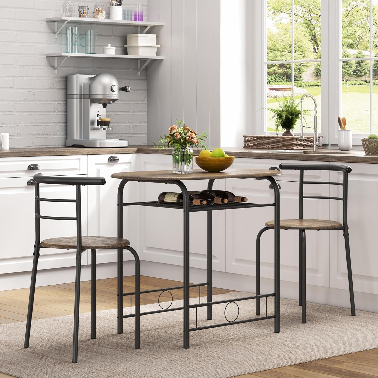 3 Piece Kitchen Table Set - Dining Table Sets for 2 - Compact Table and Chairs W/Steel Frame & Shelf Storage for Small Spaces, Apartment,Bistro - Drift Brown